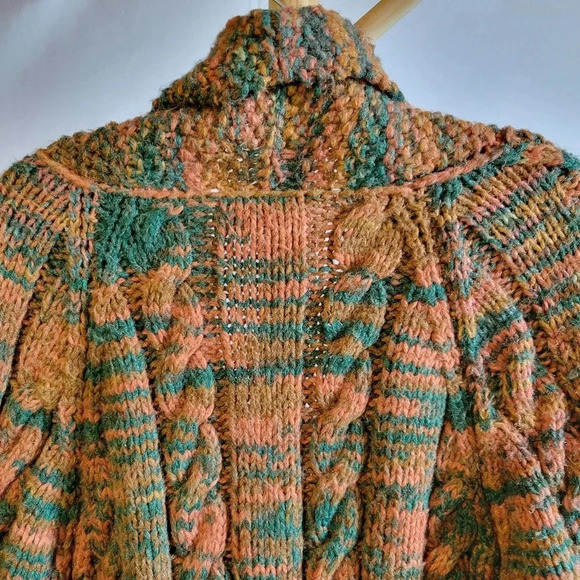 Vintage Handmade Sweater Cable Cardigan Orange  Green Brown Zipper - Picture 7 of 7